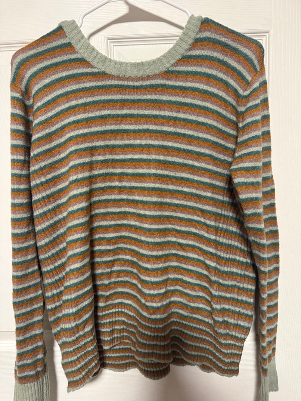 DownEast Striped Crewneck Sweater in Sage Green, Rust Orange & Teal